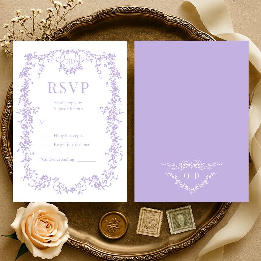 French Victorian Purple Lilac Wedding RSVP  Karte