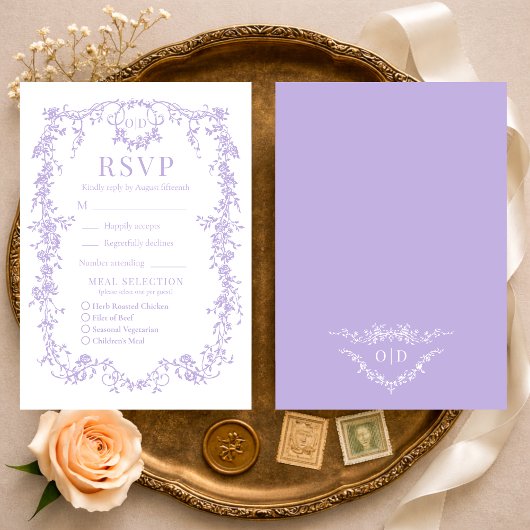 French Victorian Purple Lilac Wedding RSVP Meal
