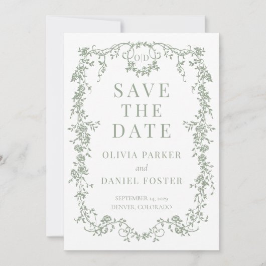 French Victorian Sage Green Wedding Save the Date (Vorderseite)