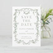French Victorian Sage Green Wedding Save the Date (Stehend Vorderseite)