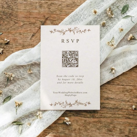French Vintage Floral Brown Wedding RSVP Karte