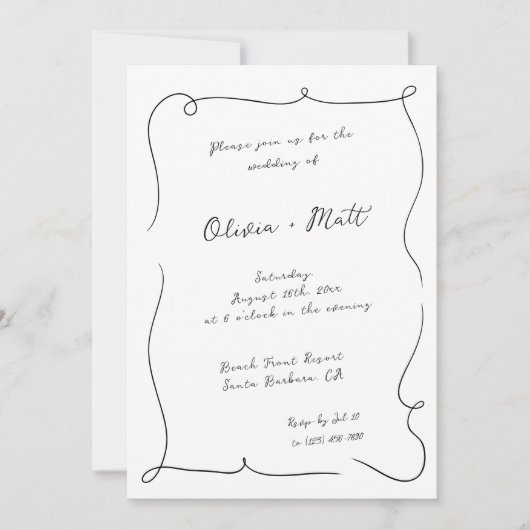 French Whimsical Script Wedding Invite White Einladung (Vorderseite)