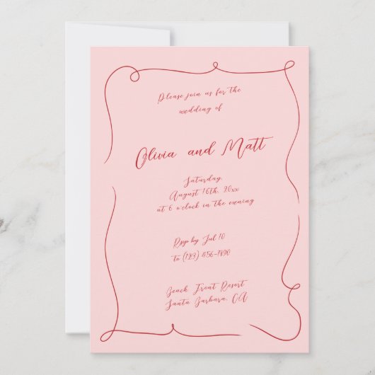 French Whimsy Script Wedding Invite Red Pink Einladung (Vorderseite)