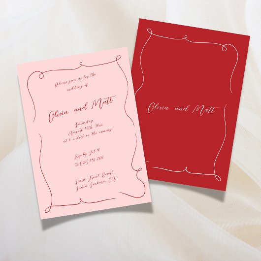 French Whimsy Script Wedding Invite Red Pink Einladung