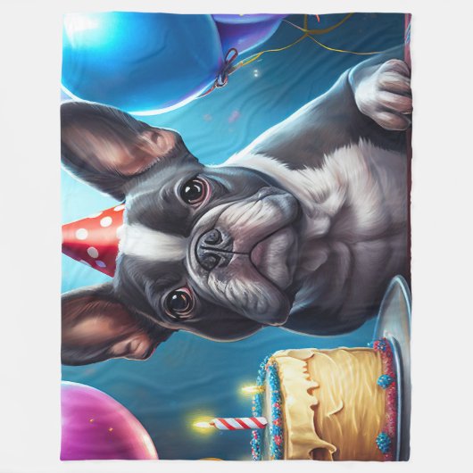Frenchie Birthday Bash: Ein Niedlicher französisch Fleecedecke (Vorderseite)
