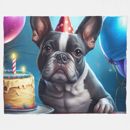 Frenchie Birthday Bash: Ein Niedlicher französisch Fleecedecke (Vorderseite (Horizontal))