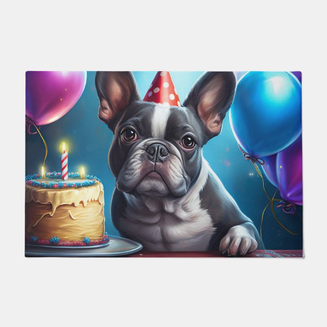 Frenchie Birthday Bash: Ein Niedlicher französisch Fußmatte (Vorderseite)