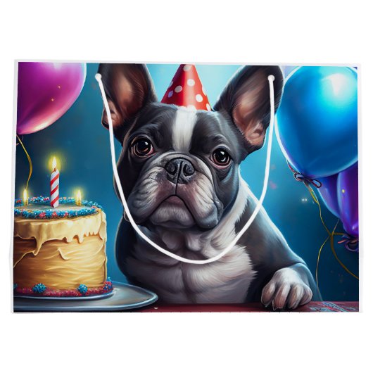 Frenchie Birthday Bash: Ein Niedlicher französisch Große Geschenktüte (Rückseite)