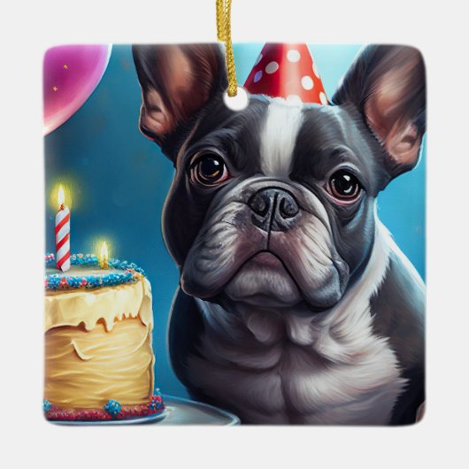 Frenchie Birthday Bash: Ein Niedlicher französisch Keramikornament (Vorderseite)