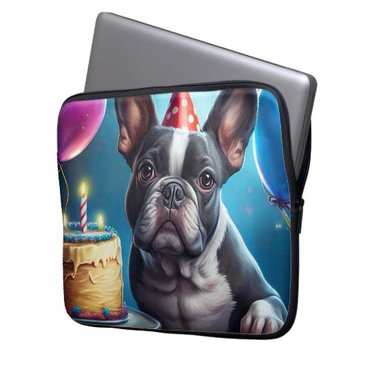 Frenchie Birthday Bash: Ein Niedlicher französisch Laptopschutzhülle (Vorderseite Links)