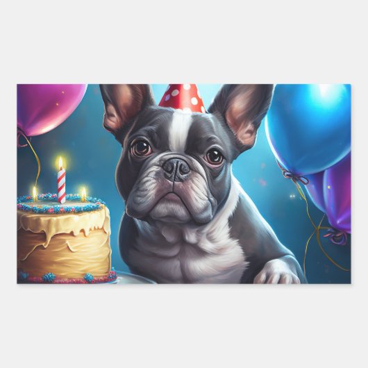 Frenchie Birthday Bash: Ein Niedlicher französisch Rechteckiger Aufkleber (Vorderseite)