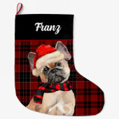 Frenchie Bulldog and Red Pläd with Dog's Name Großer Weihnachtsstrumpf (Vorderseite)