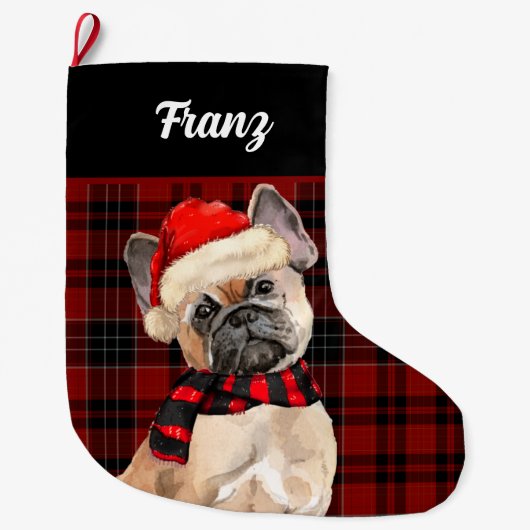 Frenchie Bulldog and Red Pläd with Dog's Name Großer Weihnachtsstrumpf (Vorderseite)
