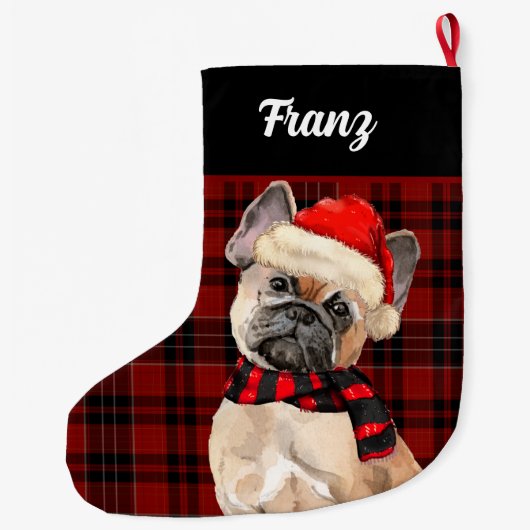 Frenchie Bulldog and Red Pläd with Dog's Name Großer Weihnachtsstrumpf (Rückseite)