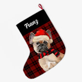 Frenchie Bulldog and Red Pläd with Dog's Name Großer Weihnachtsstrumpf (Rückseite (Hängend))