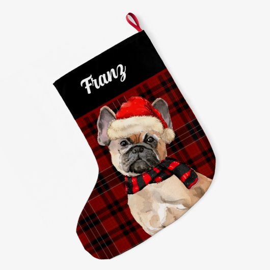 Frenchie Bulldog and Red Pläd with Dog's Name Großer Weihnachtsstrumpf (Rückseite (Hängend))