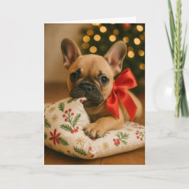 Frenchie Christmas Card – Puppy on Pillow Karte
