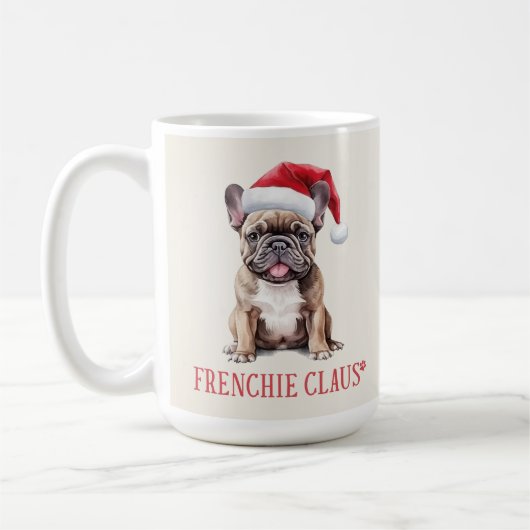 Frenchie Claus Dog Pun Weihnachtskaffee Tasse (Links)