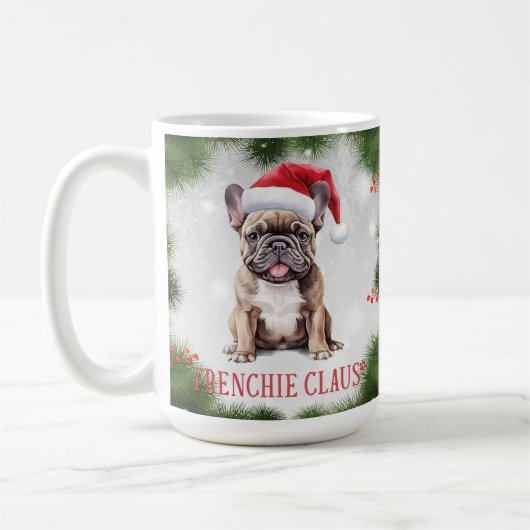 Frenchie Claus Dog Pun Weihnachtskaffee Tasse (Links)