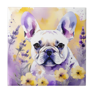 Frenchie Dog Portrait mit Wildblumen Fliese