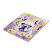 Frenchie Dog Portrait mit Wildblumen Fliese (Seite)
