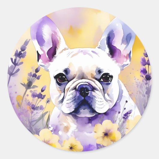 Frenchie Dog Portrait mit Wildblumen Runder Aufkleber (Vorderseite)