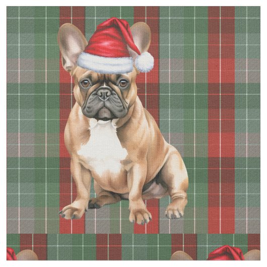 Frenchie Dog with a Red Green Plaid Holiday Fabric Stoff (Nahaufnahme)