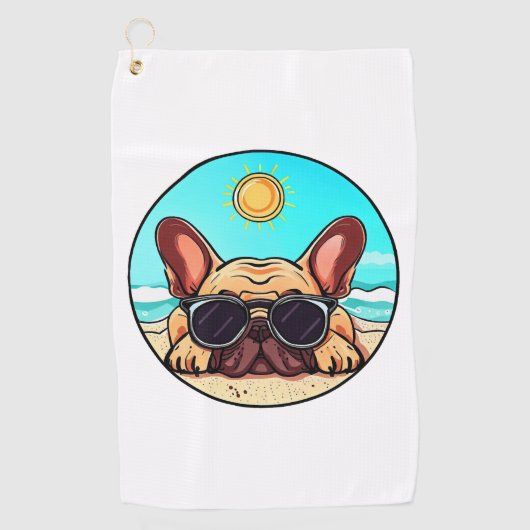 Frenchie Enjoying Beach Golfhandtuch (Vorderseite)