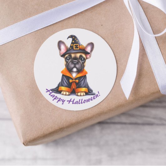 Frenchie Halloween Lila Robe Hexenhut Runder Aufkleber