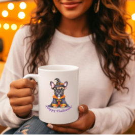 Frenchie Halloween Purple Robe Witchy Hat Kaffeetasse