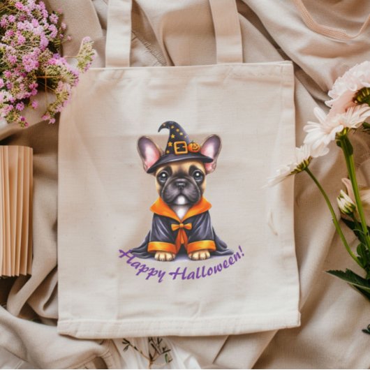 Frenchie Halloween Purple Robe Witchy Hat Tragetasche
