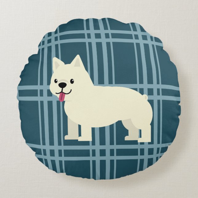 Frenchie Kariert Blue Rundes Kissen (Vorderseite)