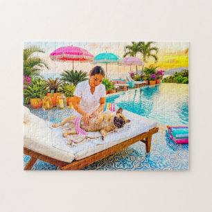 Frenchie-Massage am Pool Puzzle