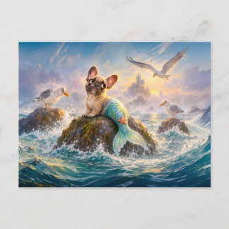 Frenchie Mermaid Seagull Cliff Scene Postkarte
