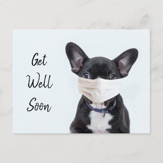 Frenchie mit Gesichtsmaske gute Besserung Postkarte (Vorderseite)