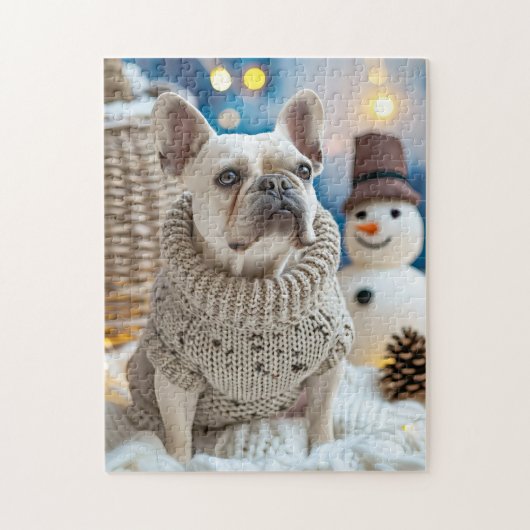 Frenchie mit Schneemann-Weihnachten Puzzle (Vertikal)