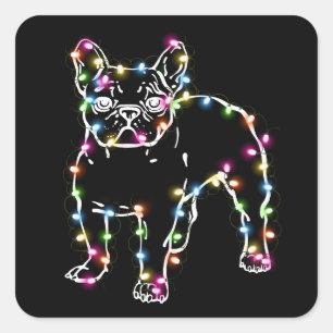 Frenchie mit Weihnachtslicht frohe Weihnachten Quadratischer Aufkleber