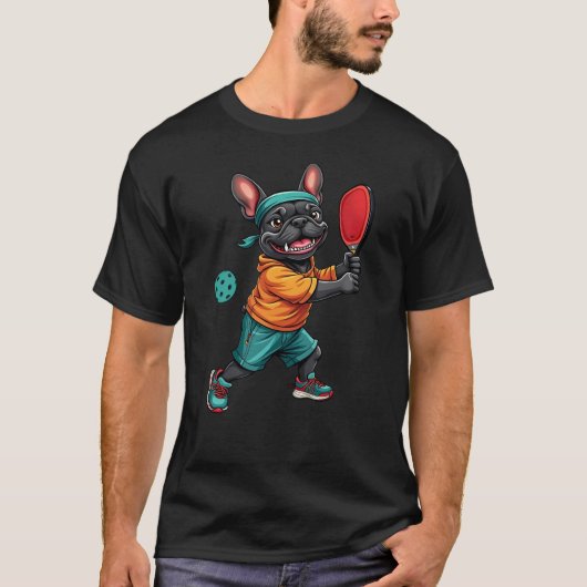 Frenchie Playing Pickleball, Funny French Bulldog T-Shirt (Vorderseite)