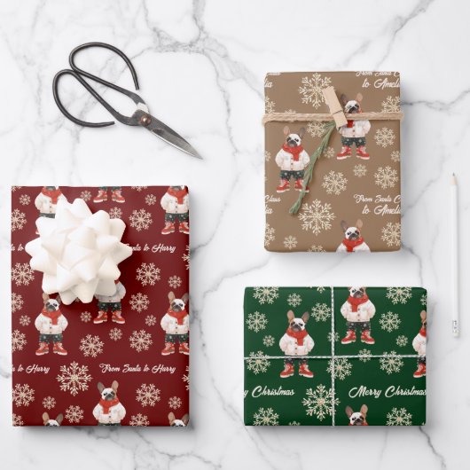 Frenchie Snowflake Custom Christmas Geschenkpapier Set (Vorderseite)