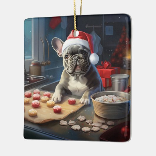 Frenchie Weihnachtskost Feiertag Keramikornament (Links)