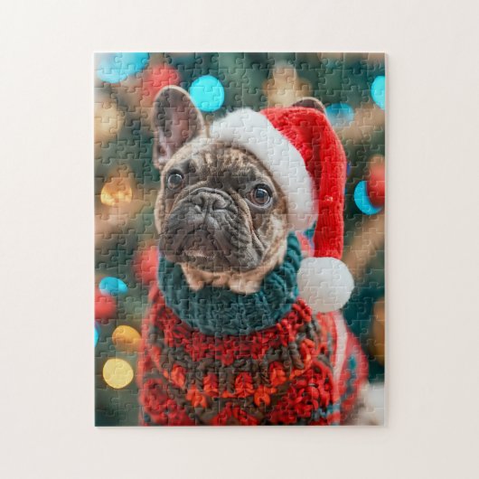 Frenchie With Santa Hat Christmas Tree Puzzle (Vertikal)