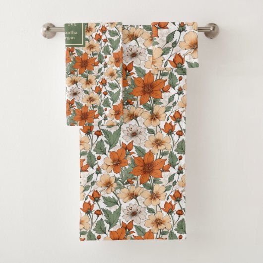 Fresh Autumn Floral Olive Rust Personalized Towel Badhandtuch Set (Insitu)