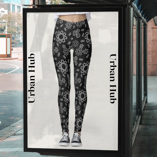 Fresh Black Cogs Pattern Leggings