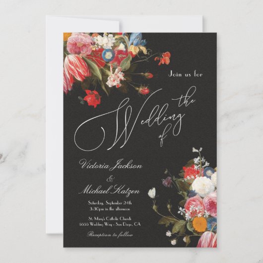 Fresh Blooms Floral Dark & Moody Wedding Einladung (Vorderseite)