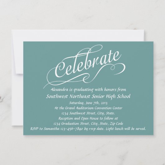 Fresh Blue Wirbel Script Abschluss Empfang Einladung (Rückseite)