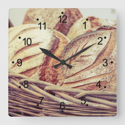 Fresh Bread Basket Kitchen Quadratische Wanduhr (Vorderseite)