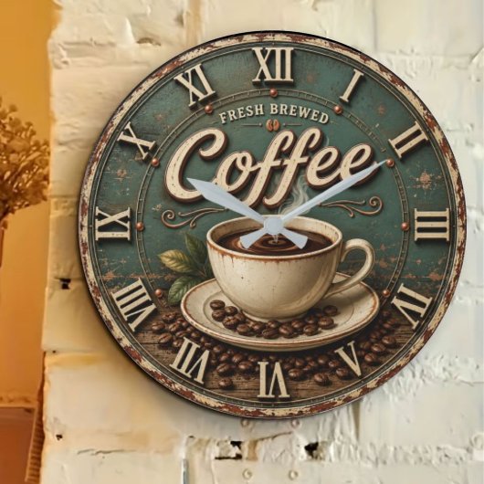Fresh Brewed Coffee Rustic Farmhouse Große Wanduhr
