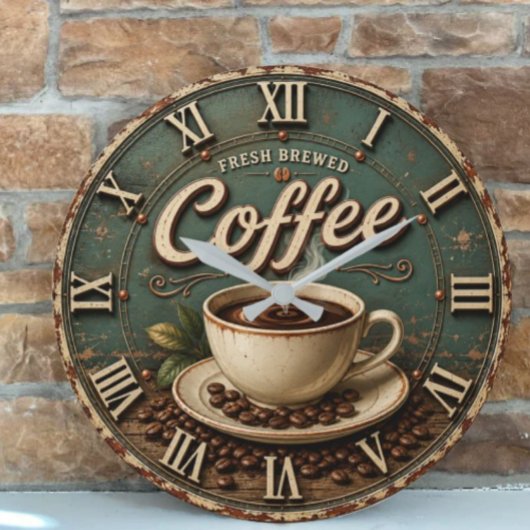 Fresh Brewed Coffee Rustic Farmhouse Große Wanduhr
