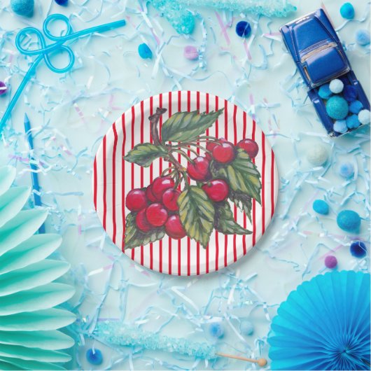 Fresh Cherry Red White Stripe Summer Dessert Pappteller (Party)