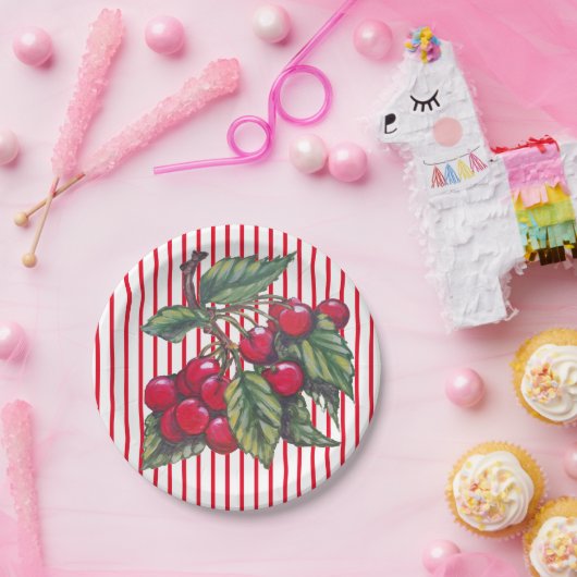 Fresh Cherry Red White Stripe Summer Dessert Pappteller (Party)
